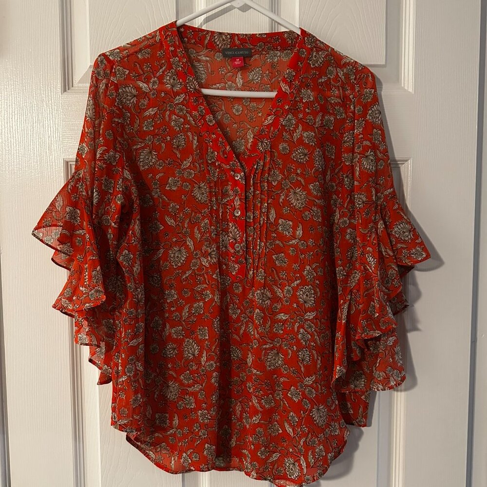 Vince Camuto Orange Floral Blouse, Size M